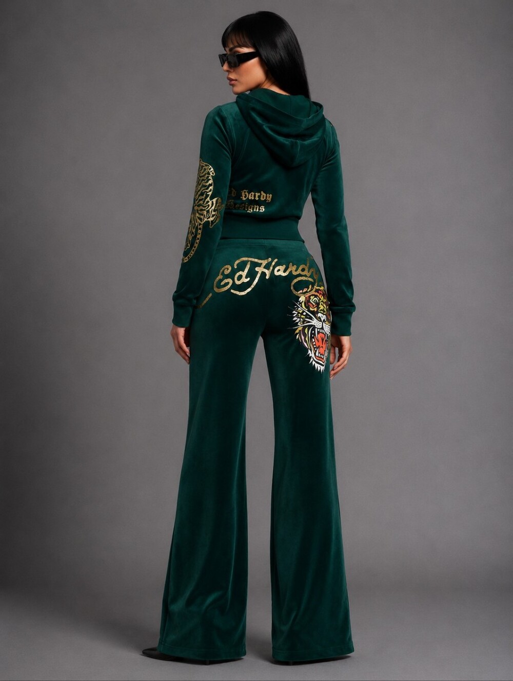 2PC SET ED HARDY Velour Tracksuit Green Tiger WIDE LEG Hoodie Joggers MEDIUM NWT - Picture 7 of 8